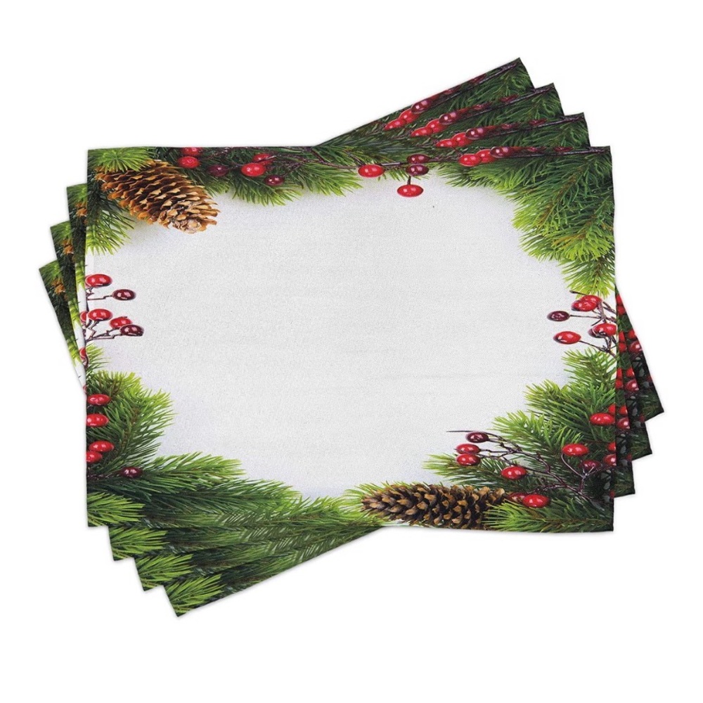 Ambesonne Placemats Xmas Frame w/Holly Berries, Pine Cones &  Natural Pine Sprig